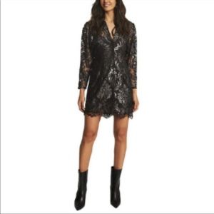 Reiss Kaya Metallic Black Long Sleeve Floral Dress 14 UK/ 10 US